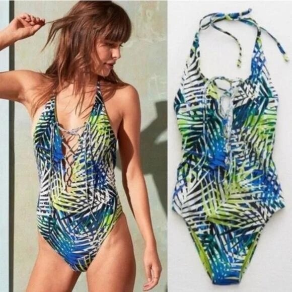 Aerie‎ One Piece Tropical Leaf Palm Print Halter Sexy Swimsuit NEW Lime Blue XXL - Picture 16 of 16